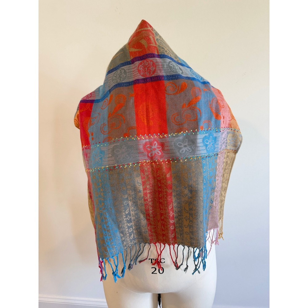 Pashmina Silk Blend Patchwork Paisley Scarf Shawl Wrap Blue Orange Pink Fringe - Picture 2 of 6